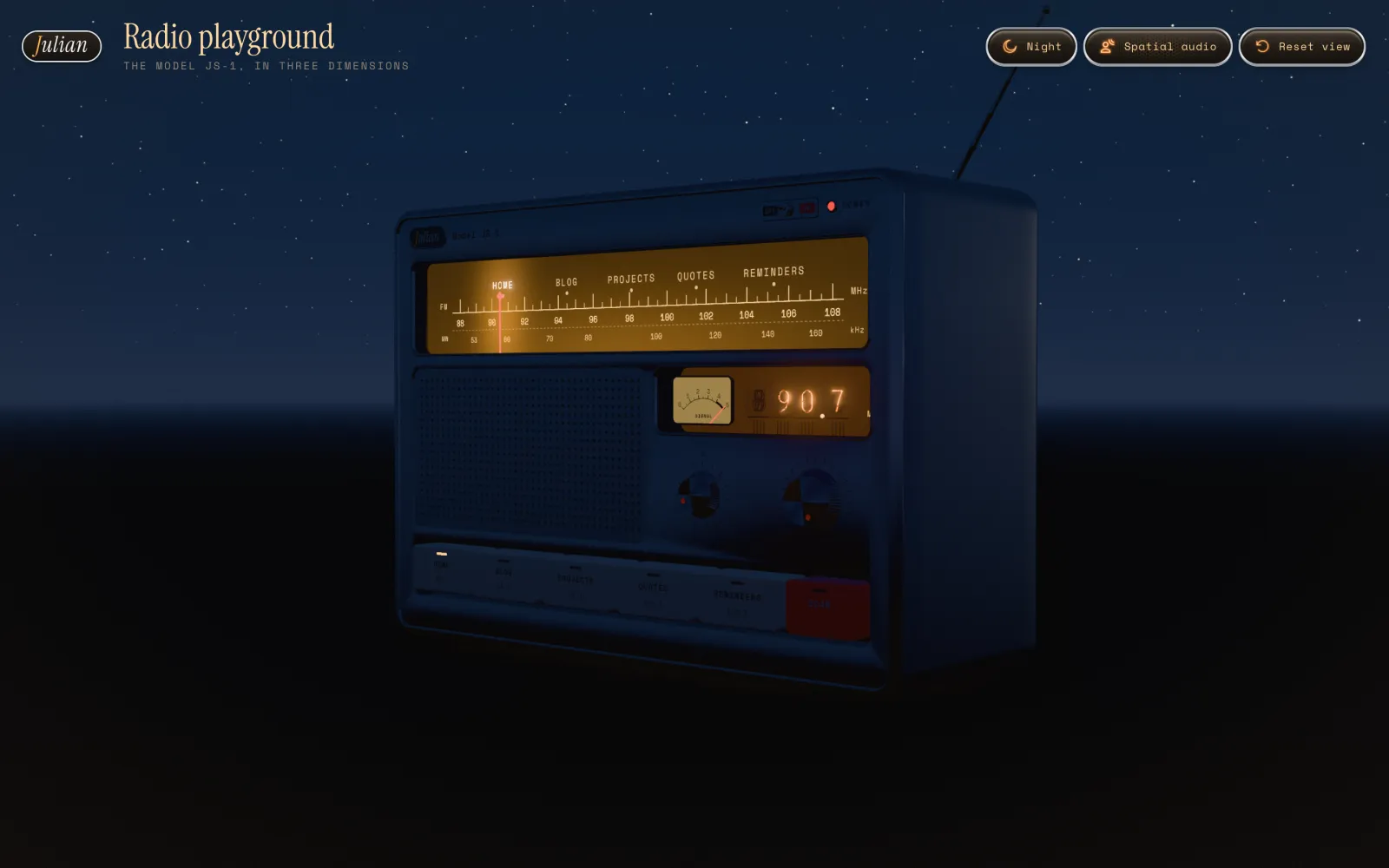 The 3D radio playground in night mode, seen from an angle