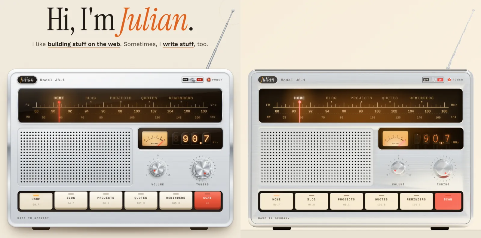 The CSS radio on the home page next to the front render of the Blender model