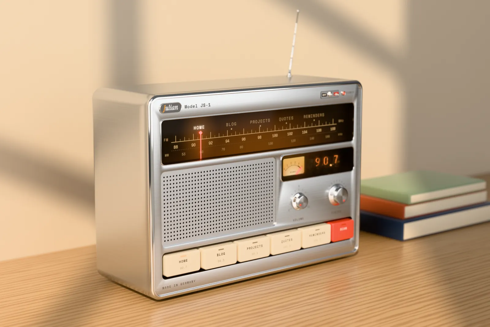 The radio on an oak sideboard in warm daylight