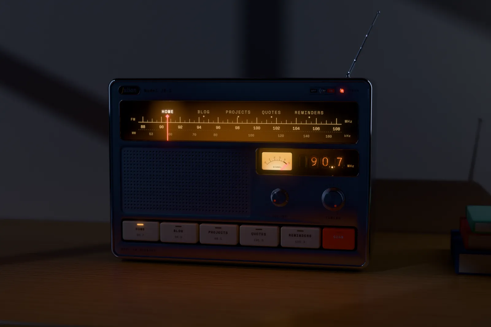 The same scene at night, lit by the radio's dial and nixie tubes